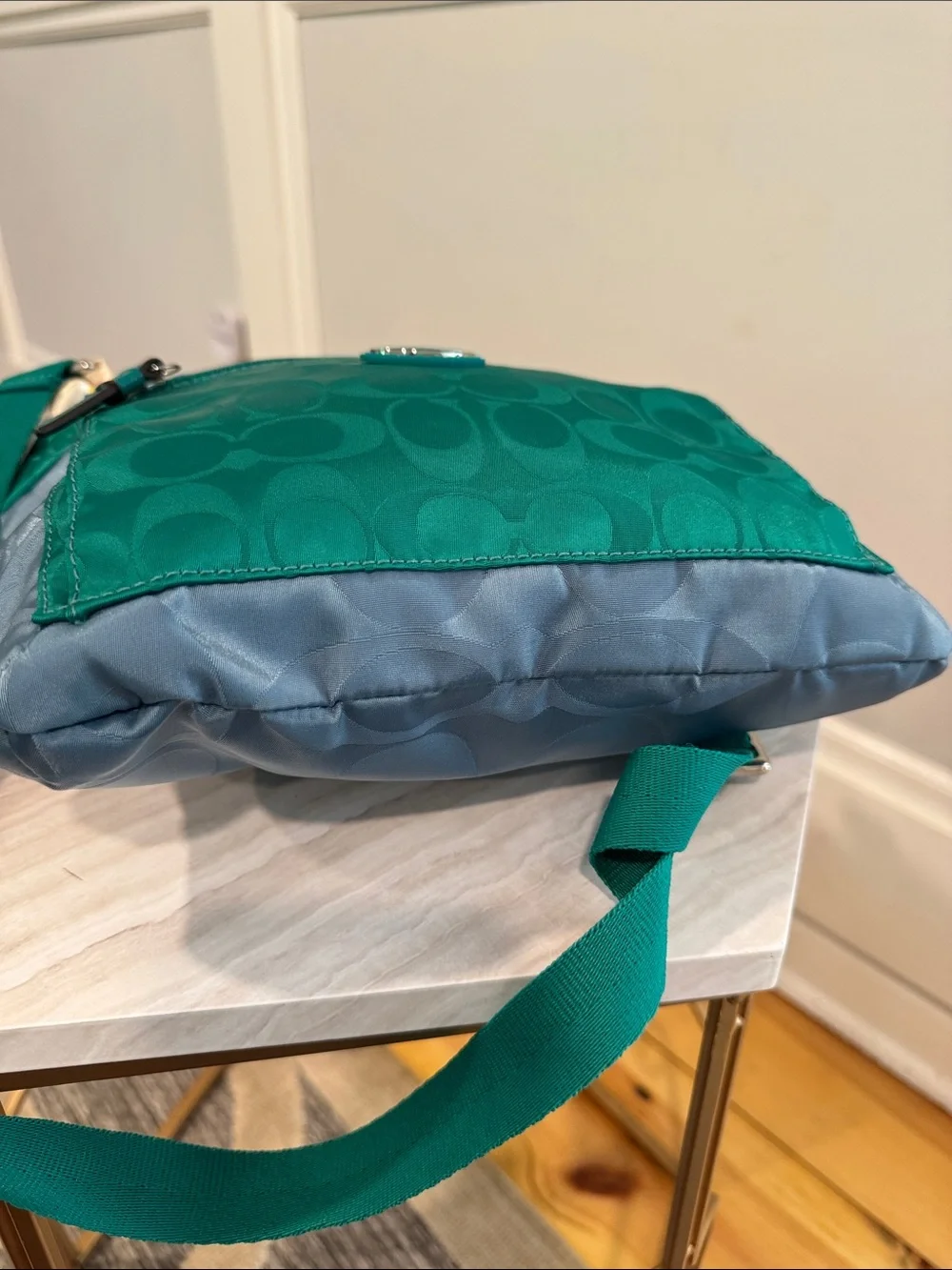 Coach Bag Getaway Green Blue Colorblock  Signature Logo Jacquard Crossbody Bag